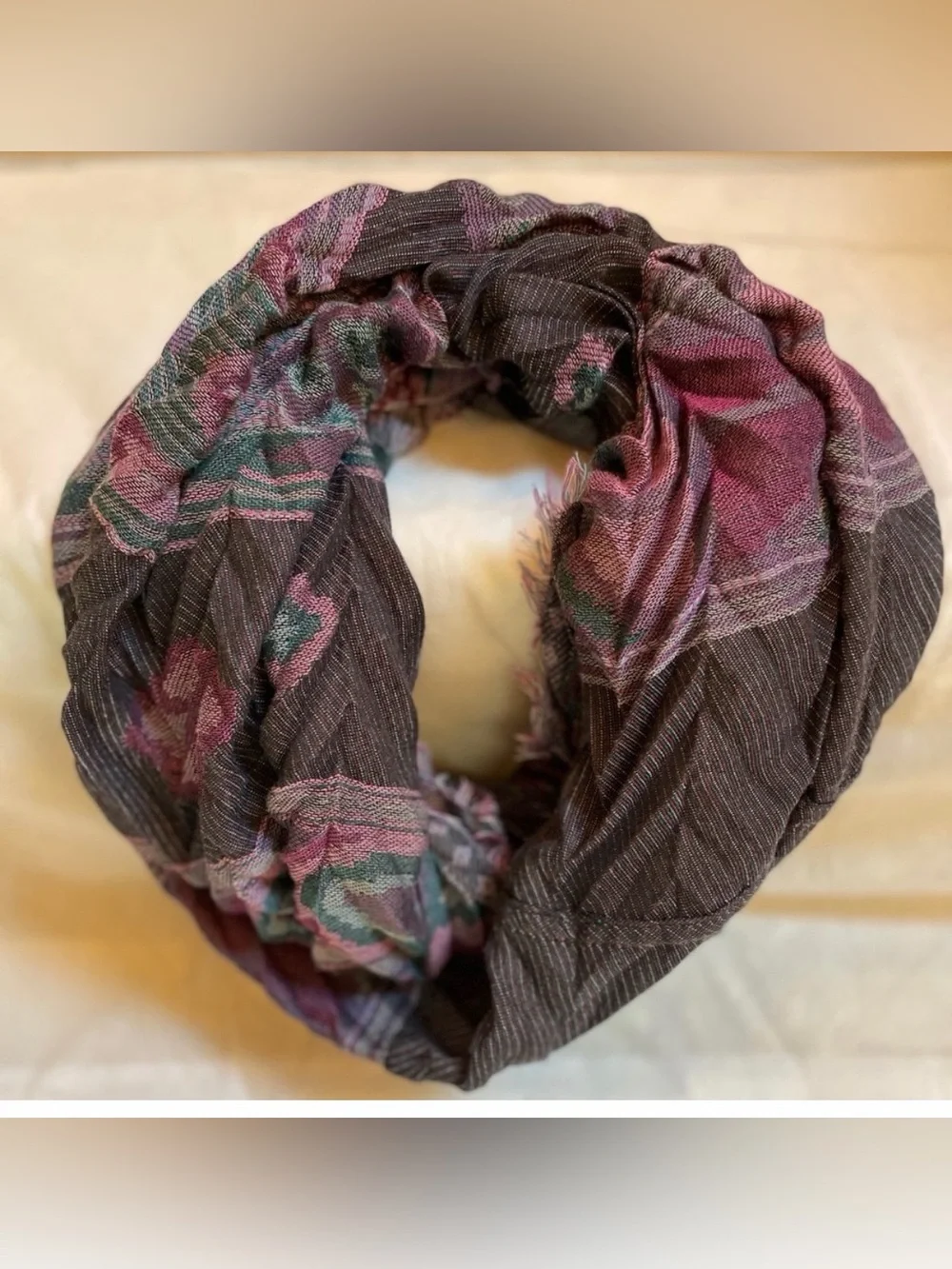 Boho Plaid Infinity Scarf Pink Purple Fringe Lightweight Women�s
